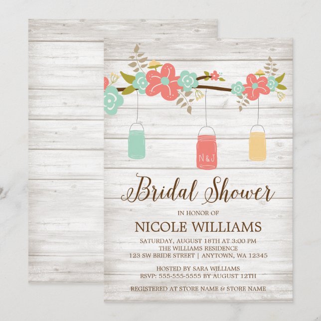 Rustic Coral Wood Mason Jar Branch Bridal Shower Invitation (Front/Back)