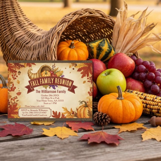 Rustic Cornucopia Fall Reunion Invitation postcard (Creator Uploaded)
