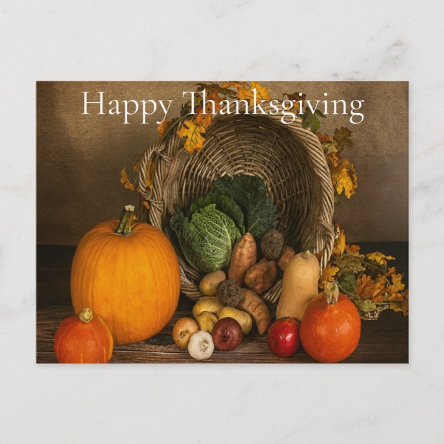 Rustic Cornucopia Harvest Thanksgiving Blessings Holiday Postcard (Front)