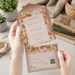 Rustic Cottage Core Fall Wildflowers Rust QR Code All In One Invitation
