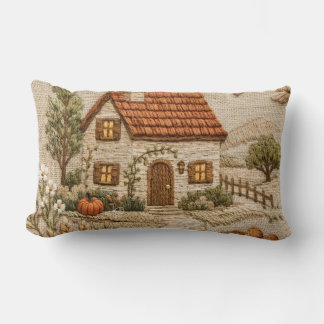 Rustic Cottage Embroidery – Cozy Countryside Lumbar Pillow