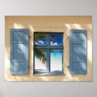 Rustic Cottage Faux Window View Tropical Beach