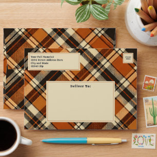 Rustic Cottagecore Orange and Beige Plaid Pattern Envelope