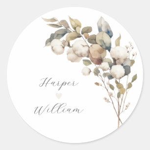 rustic cotton & eucalyptus wedding classic round sticker