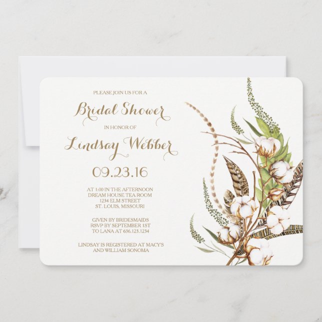 Rustic Cotton Floral Feather Bridal Shower Invitation (Front)