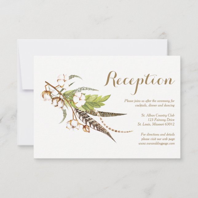 Rustic Cotton Floral Wedding Reception Card (Front)