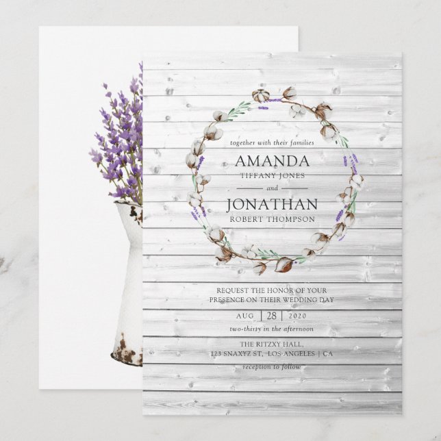 Rustic Cotton Lavender Wedding Invitation (Front/Back)