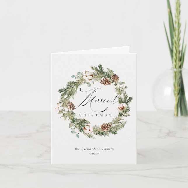 Rustic Cotton Pine Cone Merriest Christmas Wreath Holiday Card (Front)