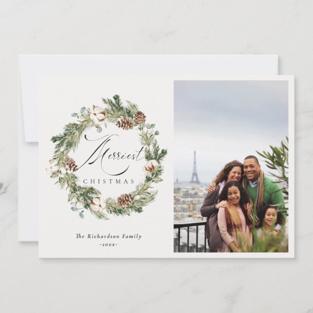 Rustic Cotton Pine Cone Photo Christmas Wreath  Holiday Card (Front)