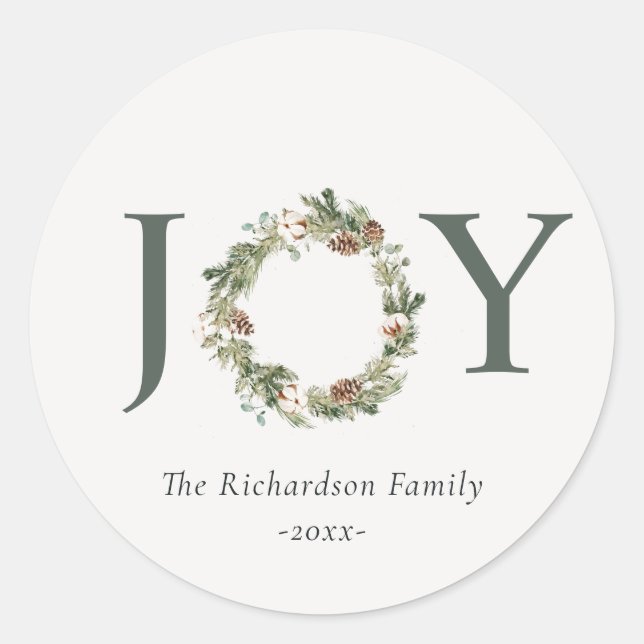 Rustic Cotton Pine Joy Merriest Christmas Wreath  Classic Round Sticker (Front)