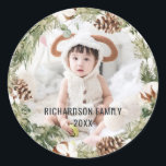 Rustic Cotton Pine Photo Merriest Christmas Wreath Classic Round Sticker<br><div class="desc">If you need any further customisation please feel free to message me on yellowfebstudio@gmail.com.</div>