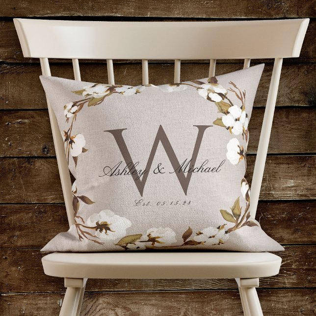 Rustic Cotton Wreath Monogram Wedding Keepsake Throw Pillow (Creator Uploaded)