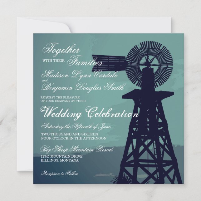 Rustic Country Aqua Windmill Mariage Invitations (Devant)