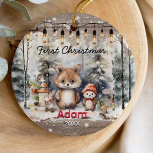Rustic country baby first Christmas baby bear Ceramic Ornament
