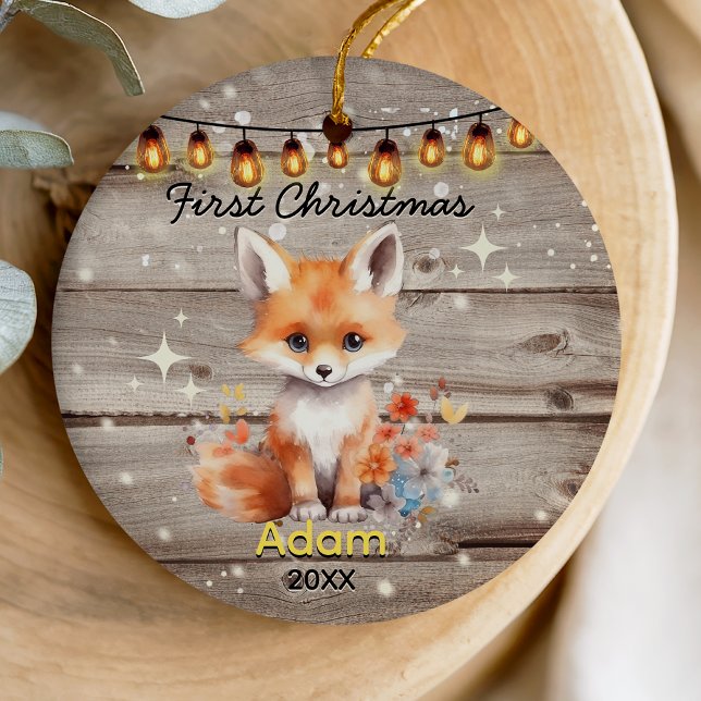 Rustic country baby first Christmas fox Ceramic Ornament (Creator Uploaded)