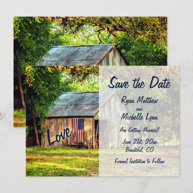 Rustic Country Barn American Flag Save the Date Invitation (Front/Back)