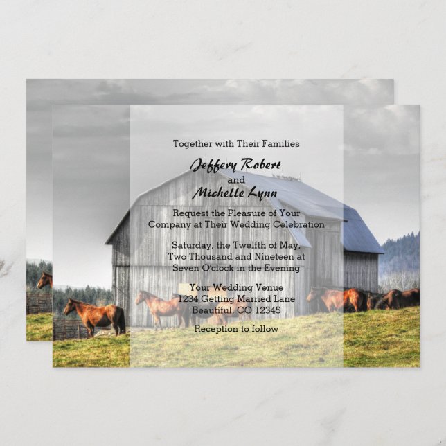 Rustic Country Barn and Horses Wedding Invitation (Front/Back)