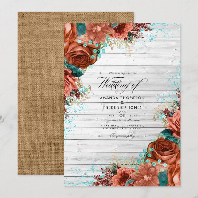 Rustic Country Barn Coral and Teal Floral Wedding  Invitation (Front/Back)