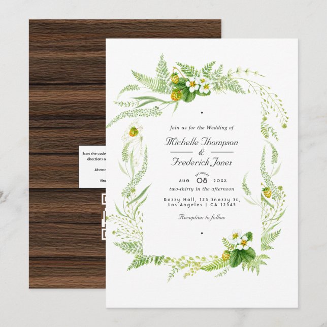 Rustic Country Barn Greenery QR Code RSVP Wedding Invitation (Front/Back)