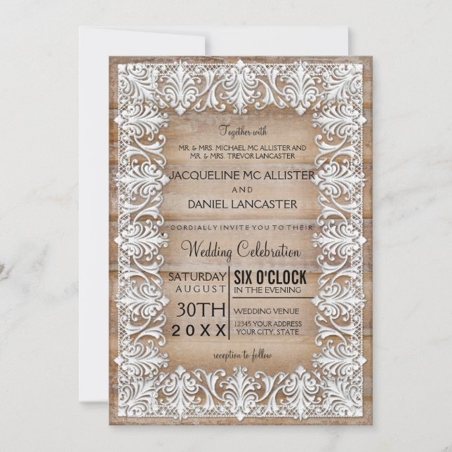 Rustic Country Barn Style Lace n Wood Wedding Invitation (Front)