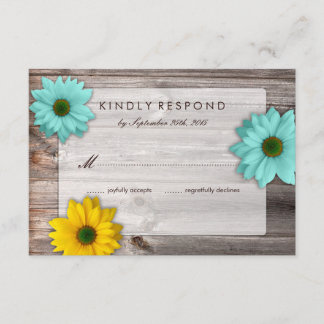 Rustic Country Barn with Yellow & Teal Daisy RSVP Card