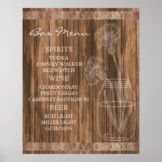 Rustic Country Barn Wood Bar Menu Poster (Front)