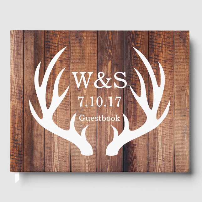 Rustic Country Barn Wood Deer Antlers & Initials Guest Book (Front)