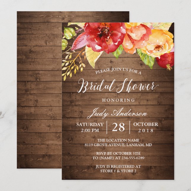 Rustic Country Barn Wood Floral Fall Bridal Shower Invitation (Front/Back)