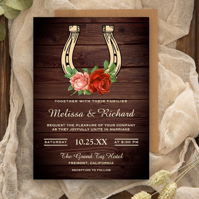 Rustic Country Barn Wood Floral Horseshoe Wedding Invitation (Creator Uploaded)