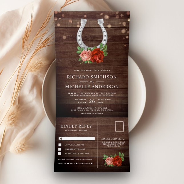 Rustic Country Barn Wood Floral Horseshoe Wedding Tri-Fold Invitation (Creator Uploaded)