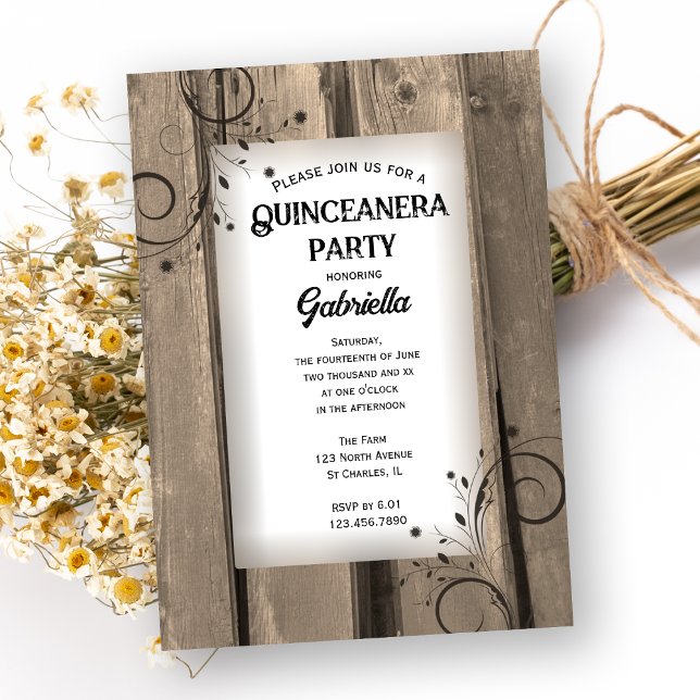Rustic Country Barn Wood Floral Quinceanera Party Invitation (Creator Uploaded)