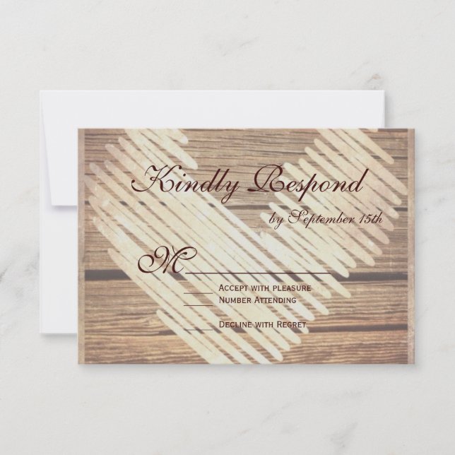 Rustic Country Barn Wood Heart Wedding RSVP Cards (Front)