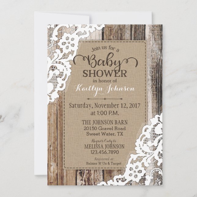 Rustic Country Barn Wood Lace Baby Shower Invitation (Front)