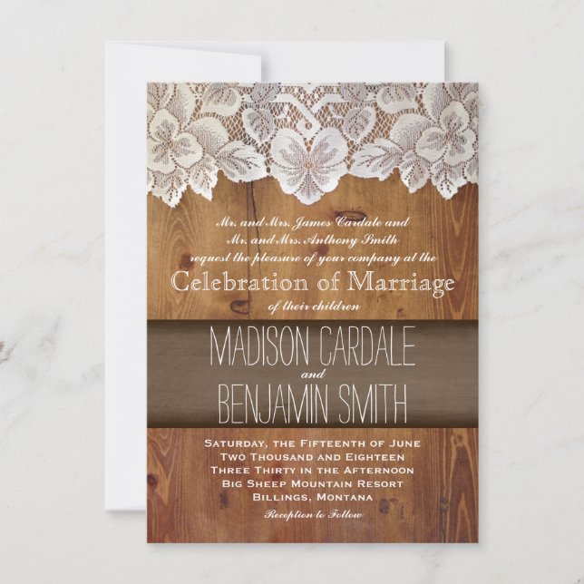 Rustic Country Barn Wood Lace Wedding Invitations (Front)