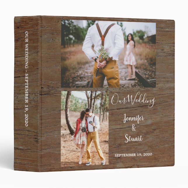 Rustic country barn wood photo collage wedding binder (Front/Spine)