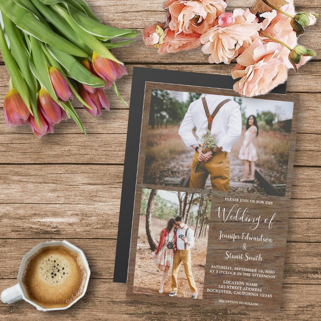 Rustic country barn wood photo collage wedding magnetic invitation (Rustic barn wood photo collage magnetic wedding invitation.)