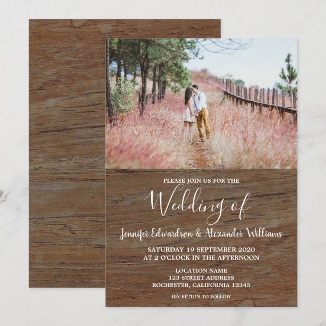 Rustic country barn wood photo wedding invitation (Front/Back)