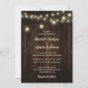 Rustic Country Barn Wood String Lights Wedding Invitation