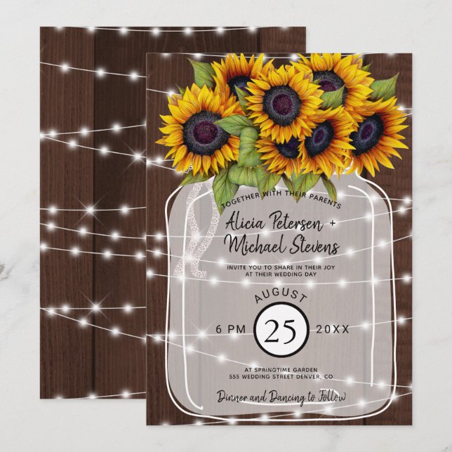 Rustic country barn wood sunflowers wedding invitation (Front/Back)