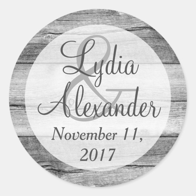 Rustic Country Barn Wood Wedding Bride & Groom Classic Round Sticker (Front)