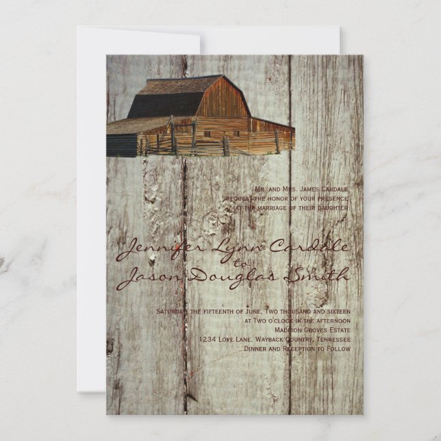 Rustic Country Barn Wood Wedding Invitations (Front)