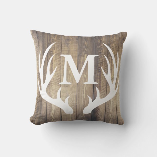 Rustic Country Barn Wood White Deer Antler Throw Pillow (Front)