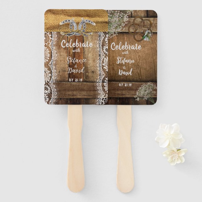 Rustic Country Barnwood Horseshoes Wedding Hand Fan (Front and Back)