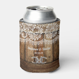 Rustic Country Barnwood Lace Wedding  Can Cooler