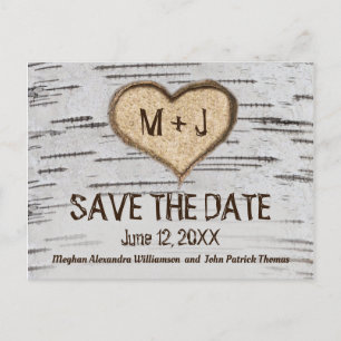 Rustic Country Birch Heart initials Save The Date Postcard