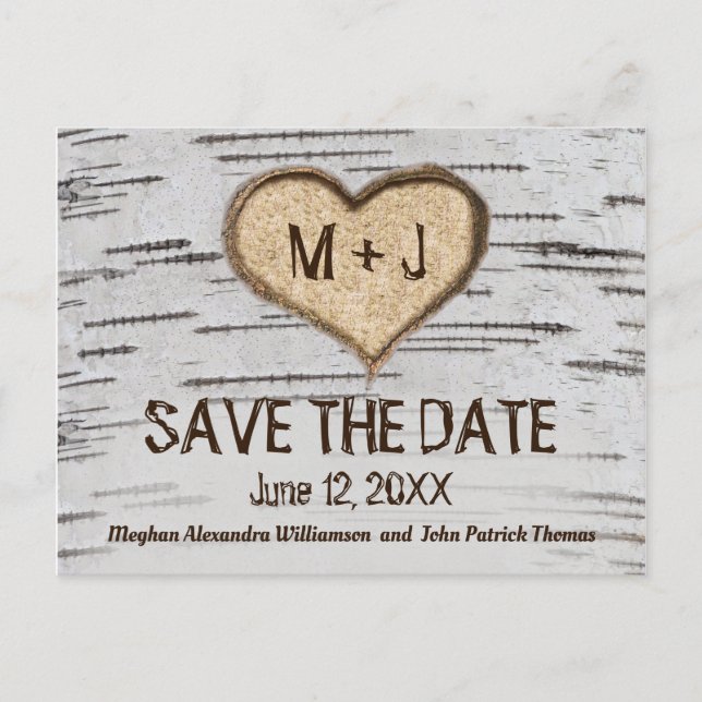Rustic Country Birch Heart initials Save The Date Postcard (Front)