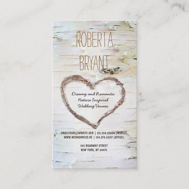 Rustic Country Birch Tree Heart Carving Business Card (Front)