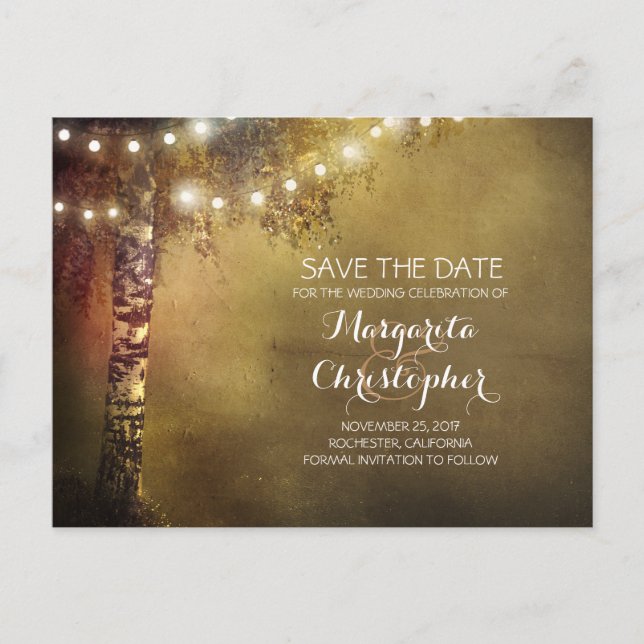 rustic country birch tree & lights save the date announcement postcard (Front)