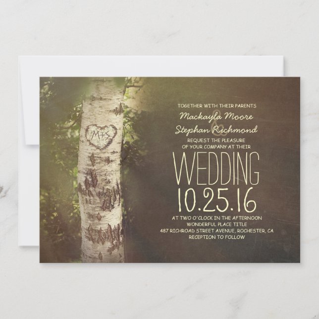 Rustic country birch tree wedding invitations (Front)
