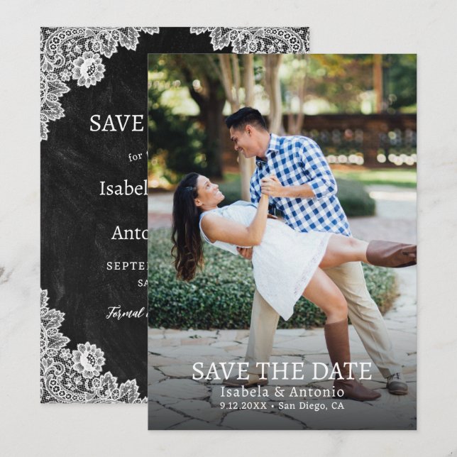 Rustic Country Black Chalkboard Lace Wedding Photo Save The Date (Front/Back)